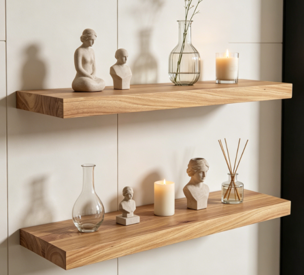 Heavy-Duty Solid Elm Floating Shelf – Natural Finish 2-Piece Set