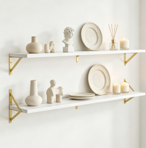 White & Gold Floating Shelf – Large 2-Piece Set