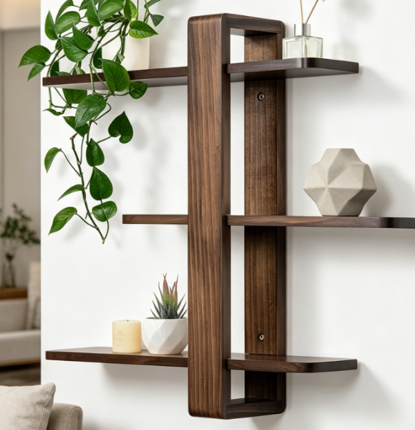 Mid-Century Style Floating Shelf – Walnut-Finish Pine