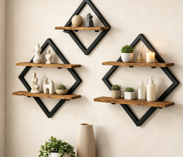 Double-Tier Hanging Floating Shelf – Rustic Brown 3-Piece Set