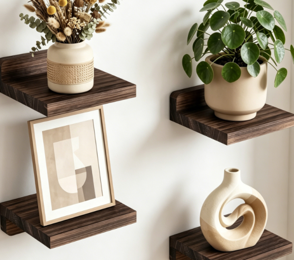 Fixwal Small Shelf for Wall, 5X5 Inches Floating Shelves Set of 4, Rustic Wood Small Wall Mounted Shelves for Bedroom, Living Room, Kitchen, Bathroom Decor (Dark Carbonized Black)