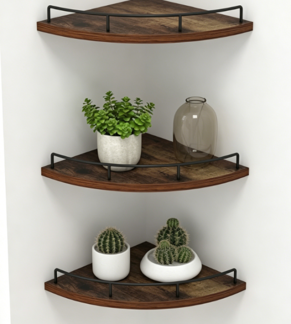 HORLIMER Floating Corner Shelf Wall Mount, Set of 3 Rustic Wood Corner Wall Shelves with Fence for Bedroom, Living Room, Bathroom, Kitchen, Brown