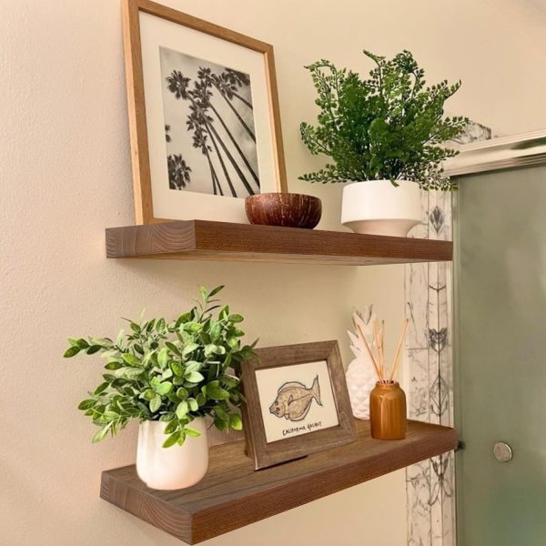 Walnut-Finish Floating Shelves With Hidden Brackets (2-Piece Set)
