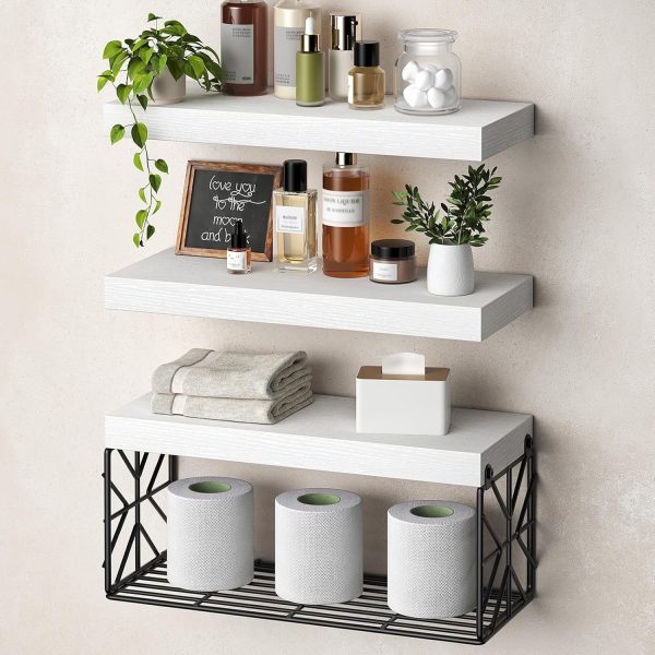 White Cottage-Style Floating Shelves (Thick Solid Wood, 3-Piece Set)