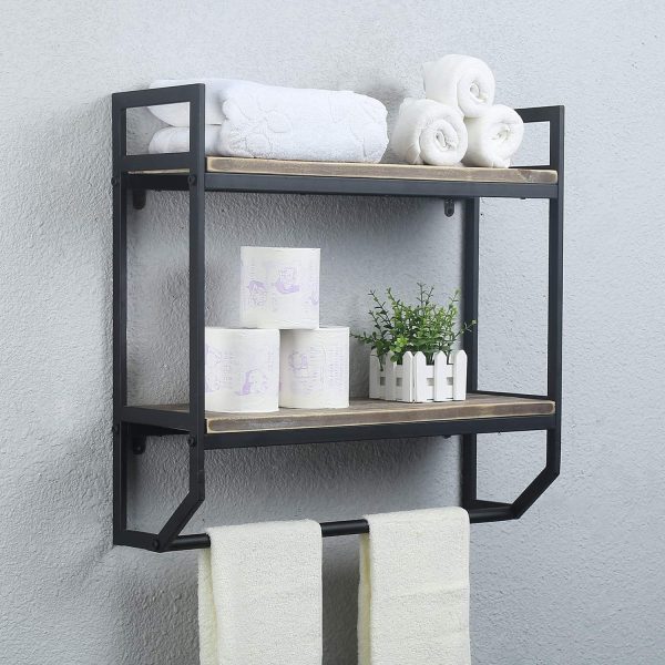 Black 2-Tier Bathroom Shelf With Towel Bar