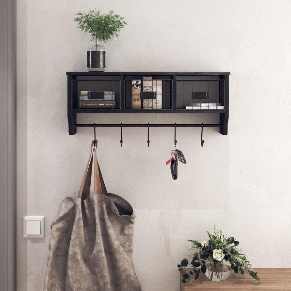 Distressed Black Entryway Rack With Hooks And Storage Basket